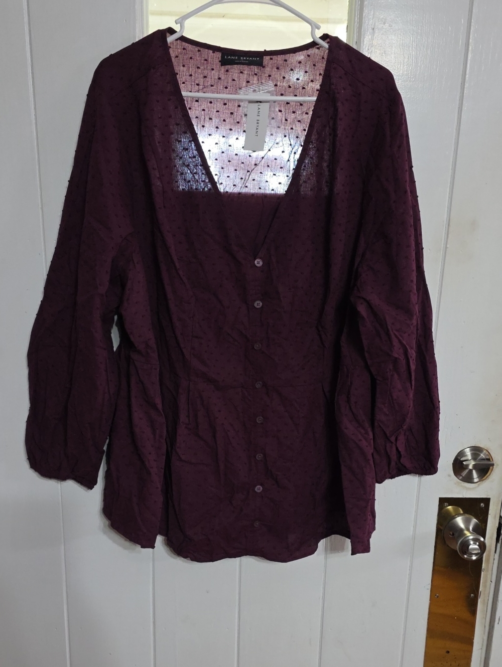 NWT Lane Bryant Womens Blouse Wine Peplum Swiss Dots Button Accents Light Sz 24